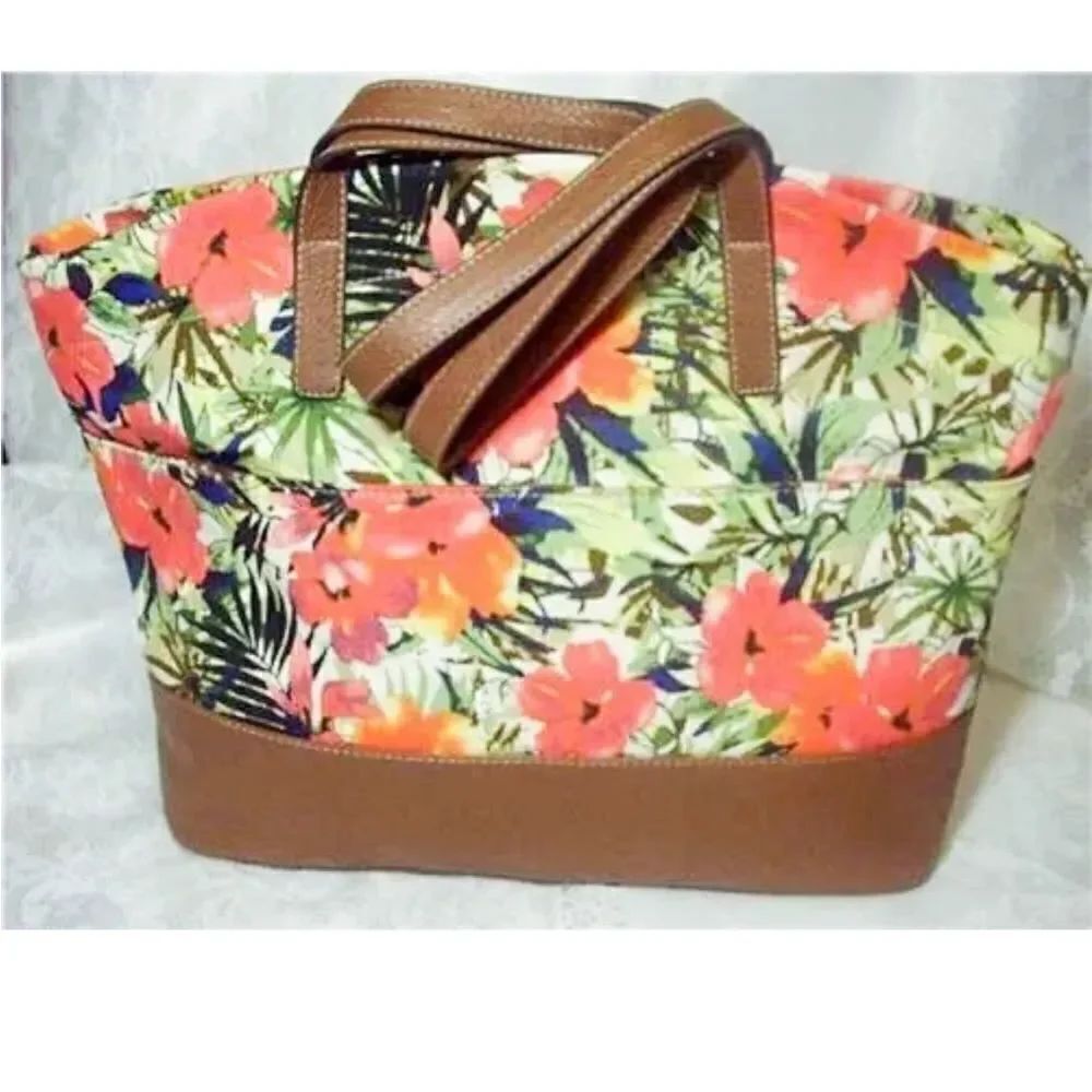 CROFT & BARROW DOMED BROWN & TROPICAL ORANGE PINK FLORAL
TOTE HANDBAG PURSE